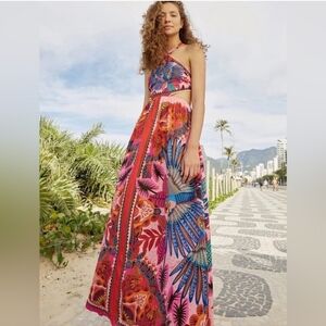 NWOT FARM Rio Macaw Scarf Pink and‎ Blue Halter Maxi Dress size Medium